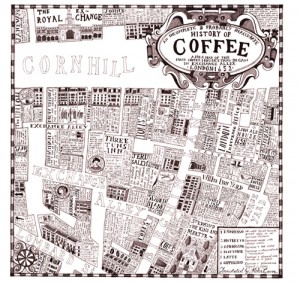 The history of coffee and a map of Exchange Alley in 1652.