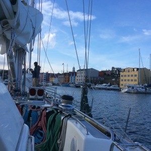 Seadragon enters Torshavn in the Faeroe Islands.