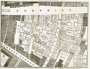 A map of Cornhill showing the devestation of a fire in 1748.