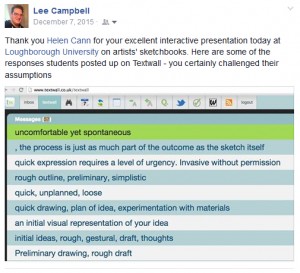 Textwall responses to sketchbook talk Loughborough University.